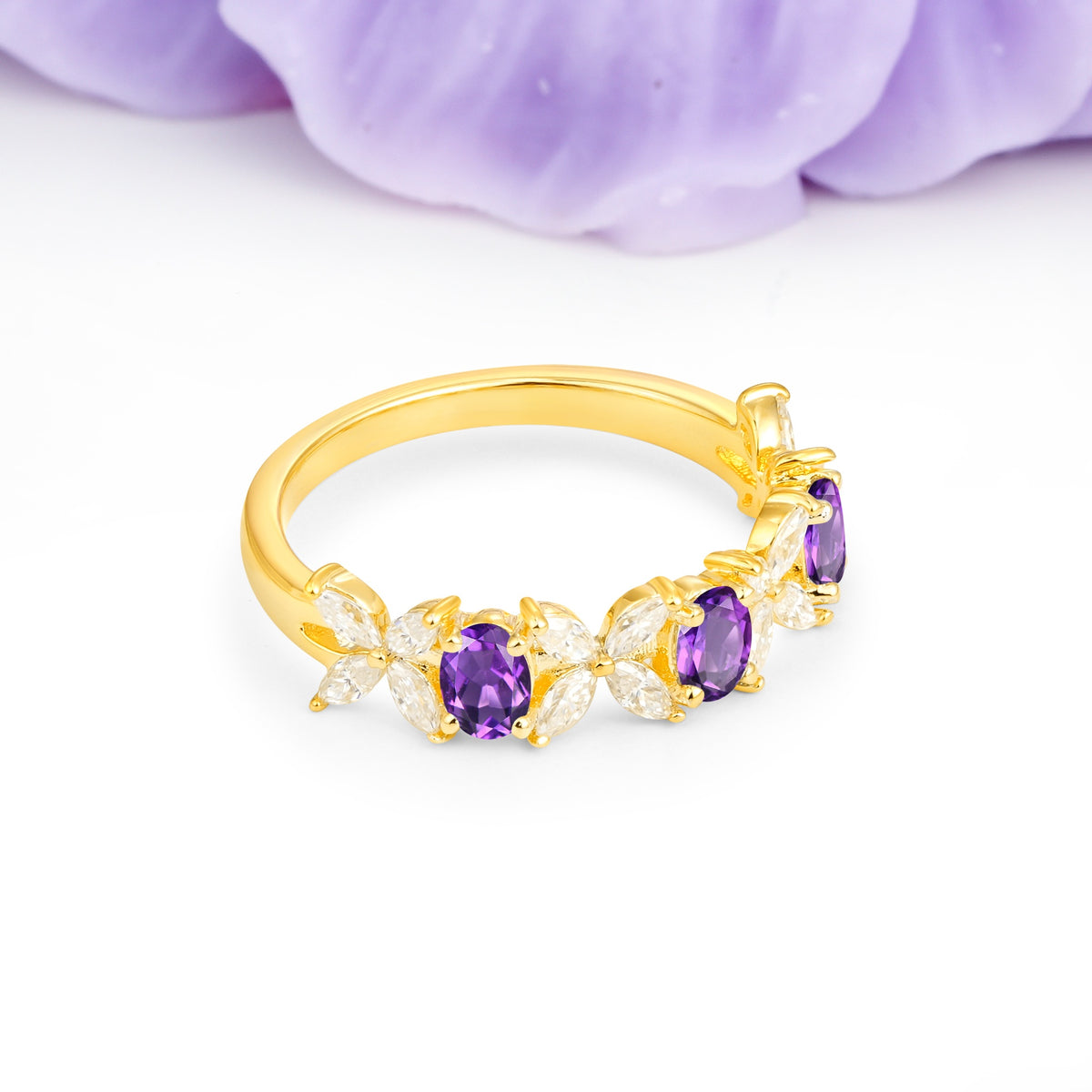 Unique and Luxurious 4 Prong Oval Cut Amethyst Three stones Wedding Ring - Additional view
