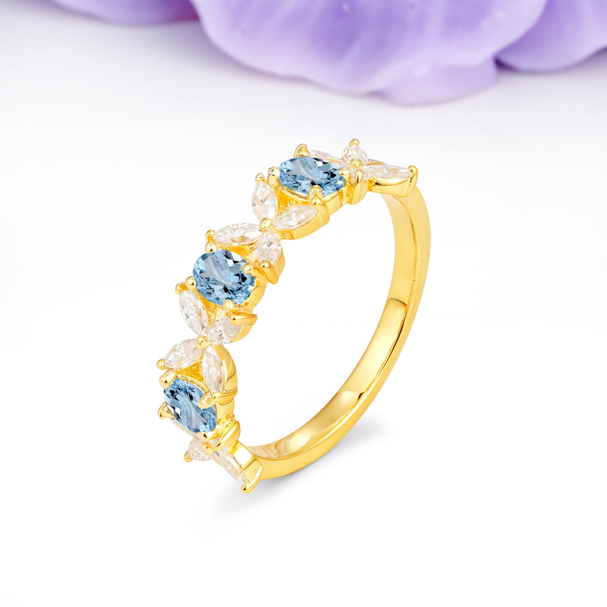 Unique and Luxurious 4 Prong Oval Cut Aquamarine Three stones Wedding Ring - Additional view