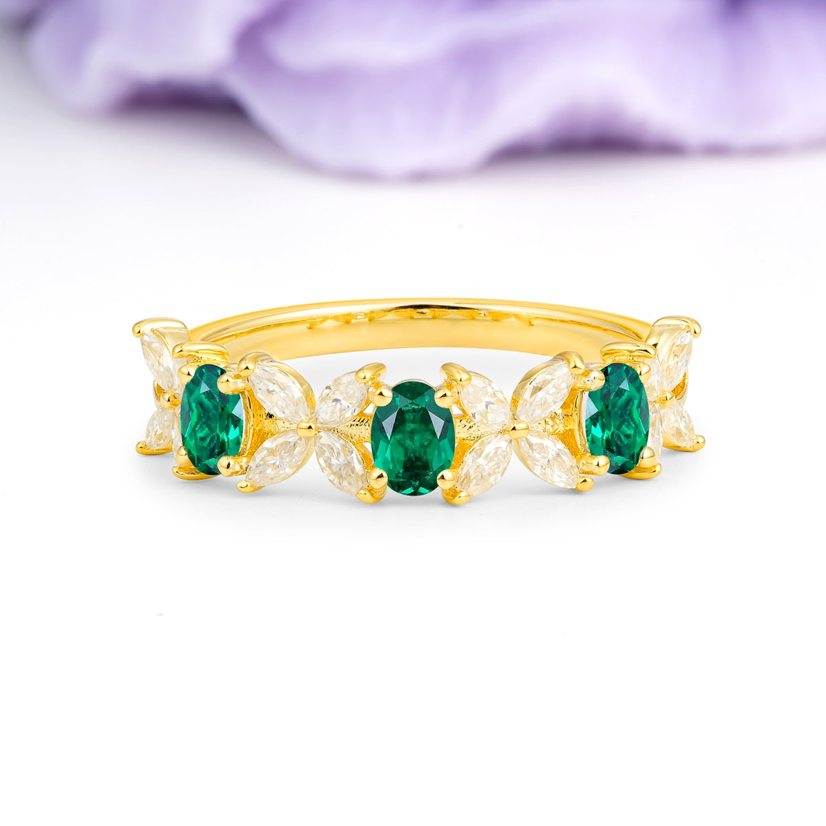 Unique and Luxurious 4 Prong Oval Cut Emerald Three stones Wedding Ring - Additional view