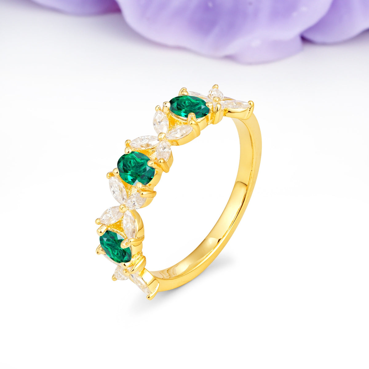 Unique and Luxurious 4 Prong Oval Cut Emerald Three stones Wedding Ring - Additional view