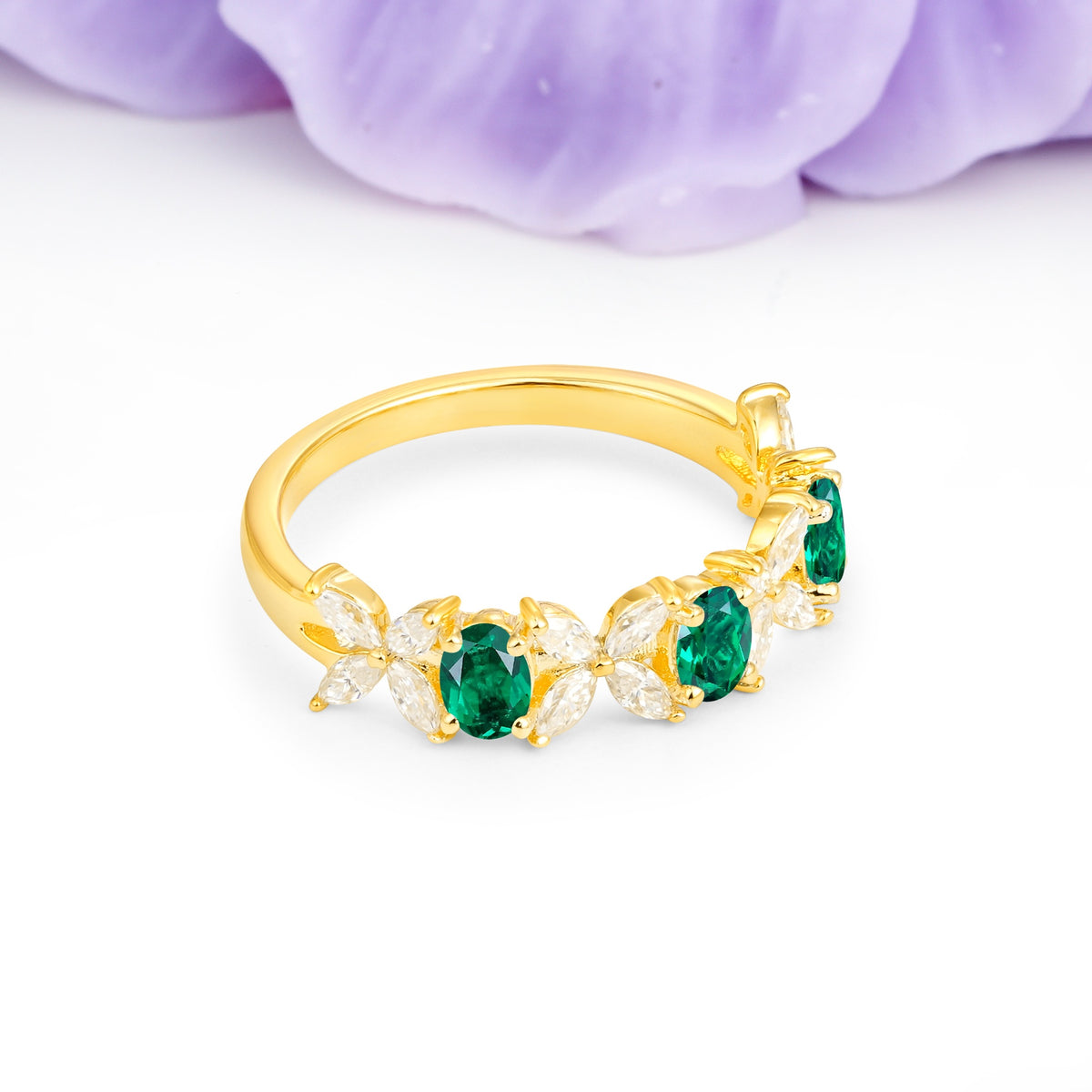 Unique and Luxurious 4 Prong Oval Cut Emerald Three stones Wedding Ring - Additional view
