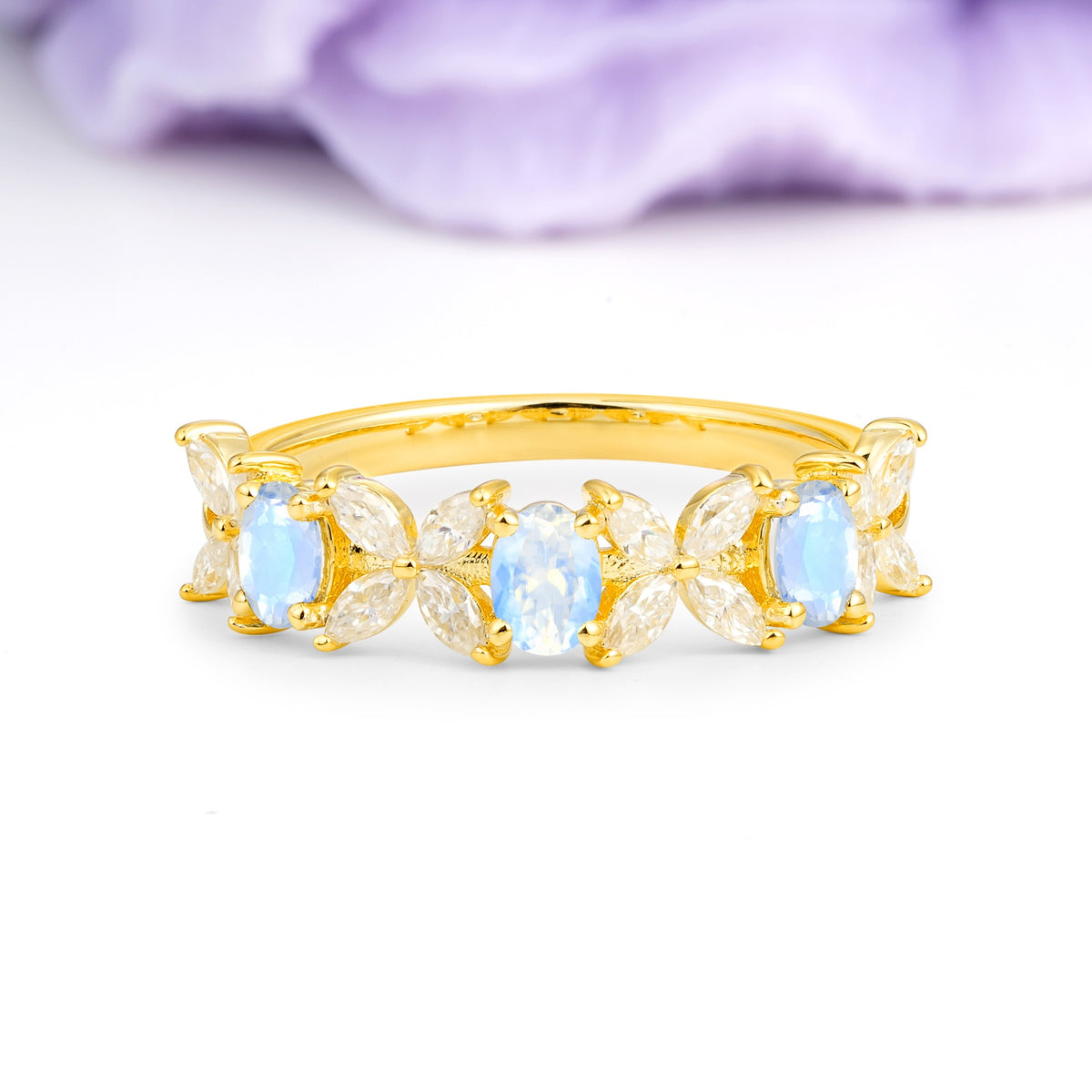 Unique and Luxurious 4 Prong Oval Cut Moonstone Three stones Wedding Ring - Additional view
