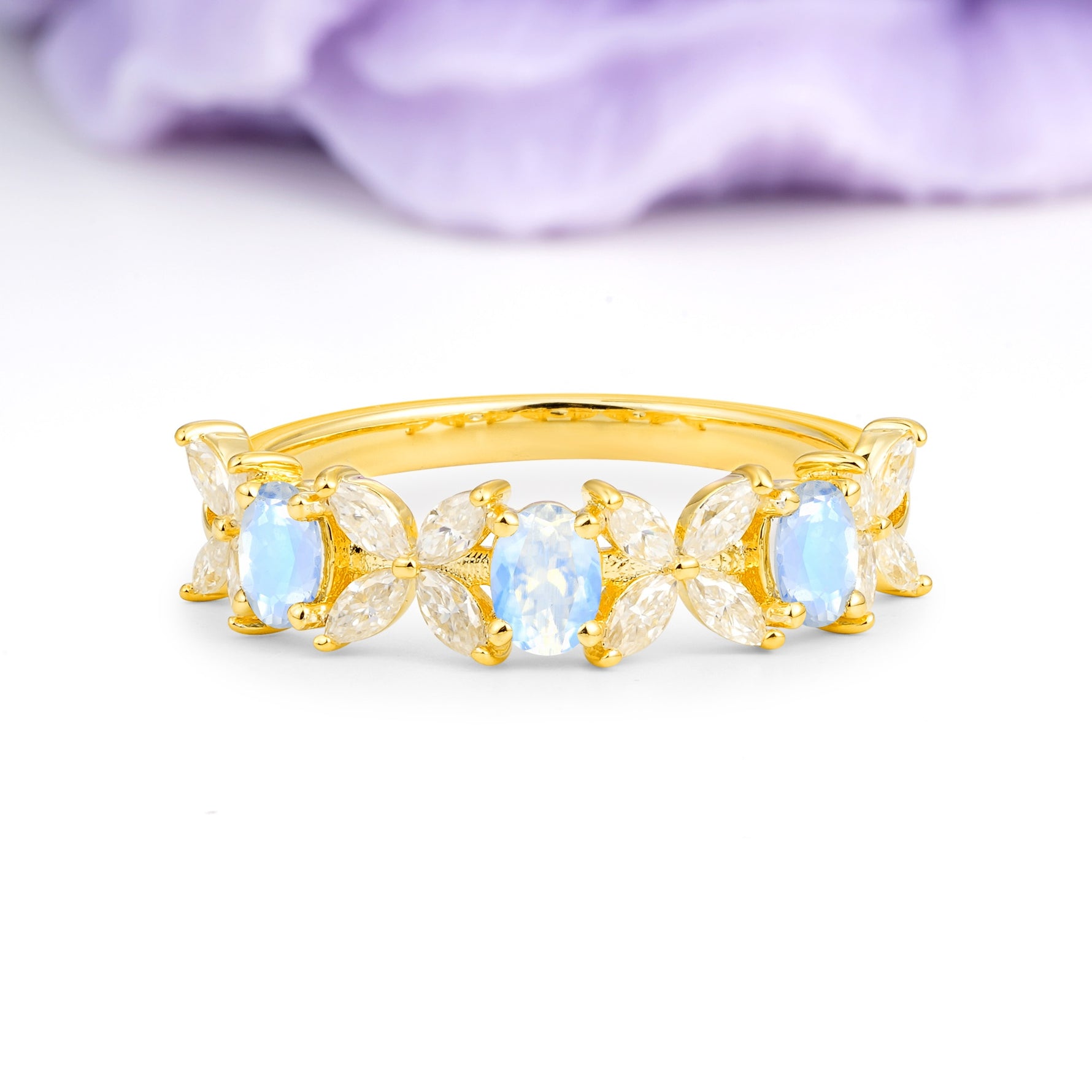 Unique and Luxurious 4 Prong Oval Cut Moonstone Three stones Wedding Ring - Additional view