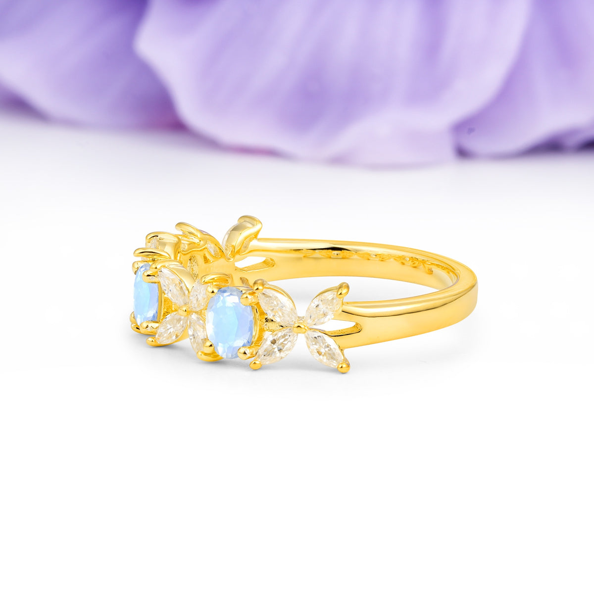 Unique and Luxurious 4 Prong Oval Cut Moonstone Three stones Wedding Ring - Additional view