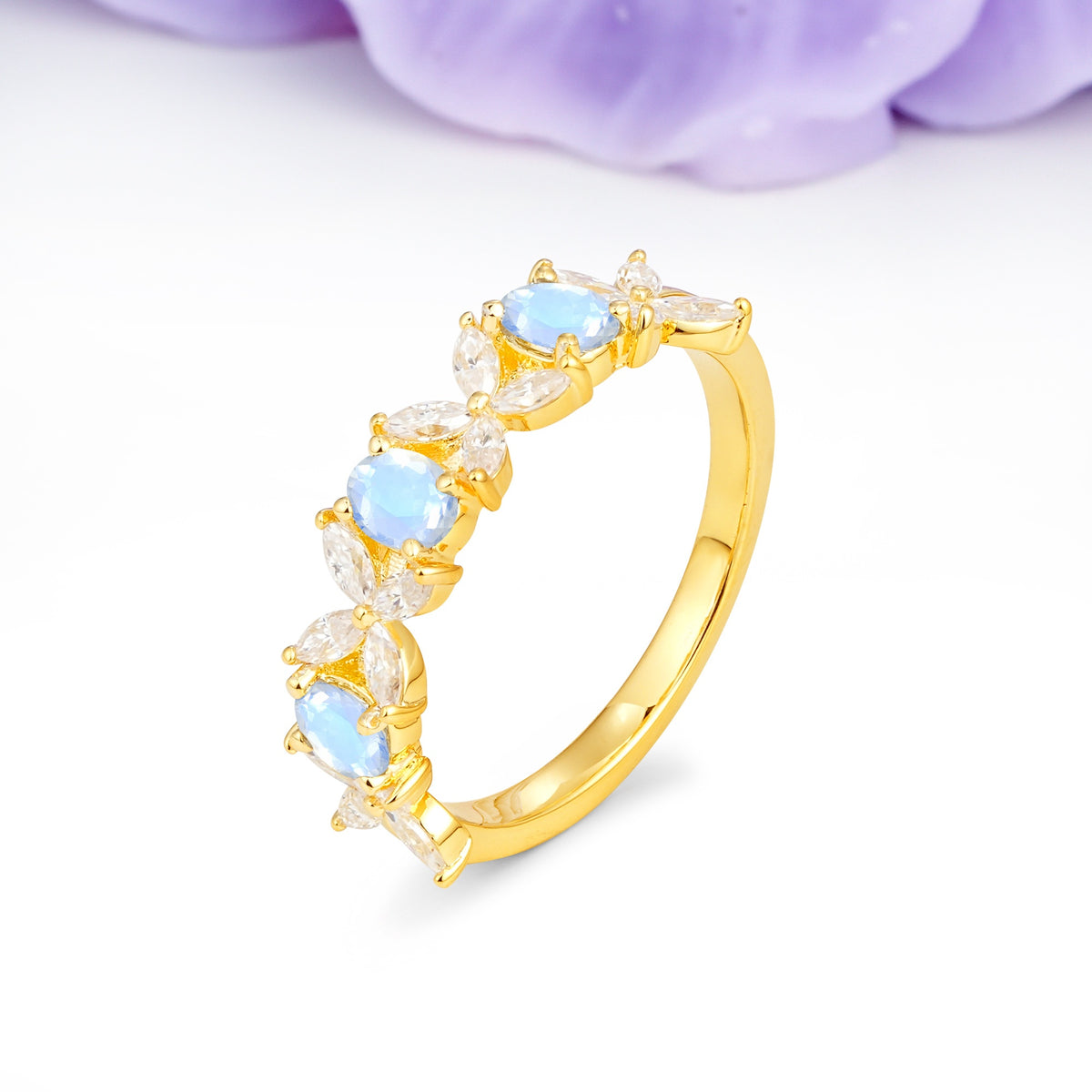 Unique and Luxurious 4 Prong Oval Cut Moonstone Three stones Wedding Ring - Additional view