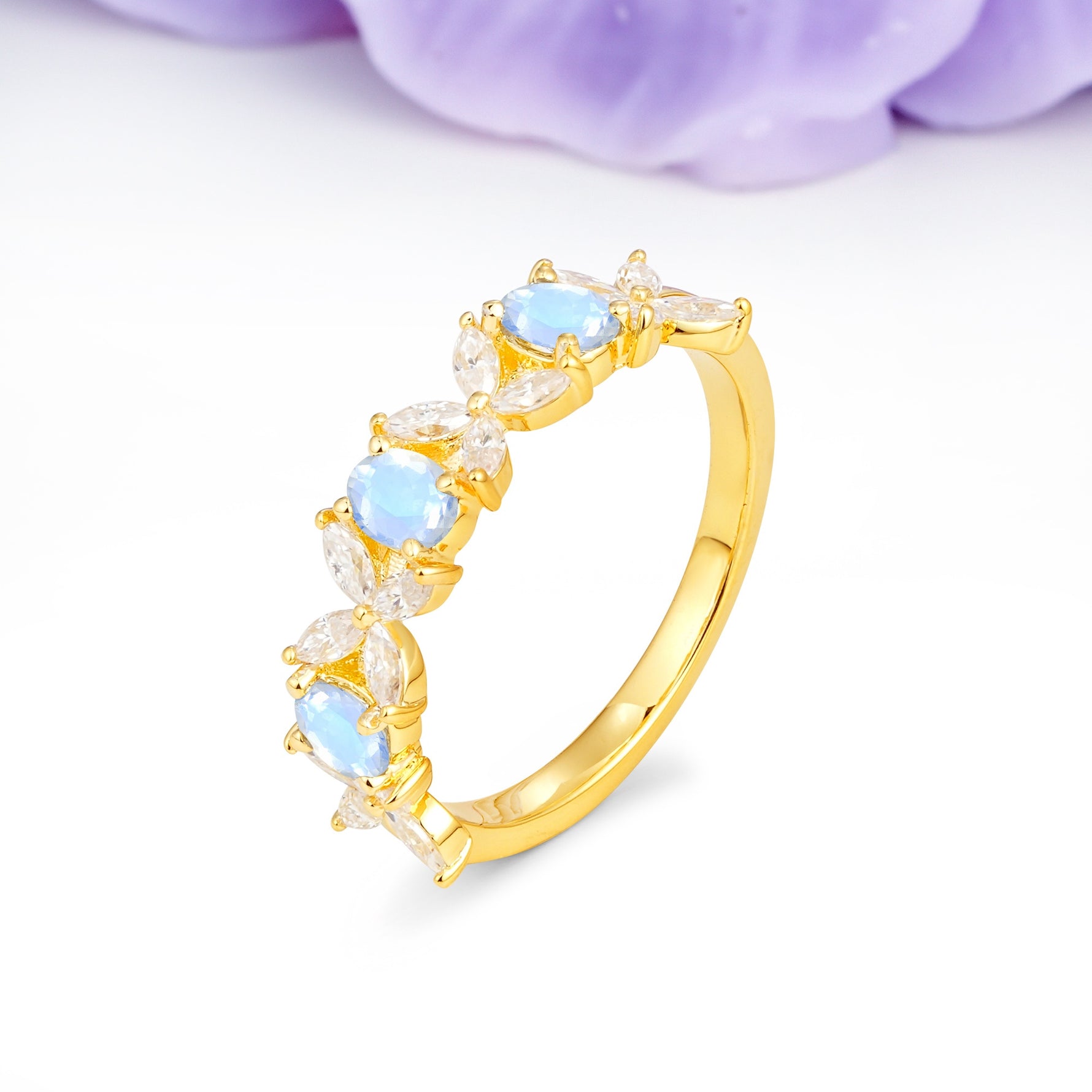 Unique and Luxurious 4 Prong Oval Cut Moonstone Three stones Wedding Ring - Additional view