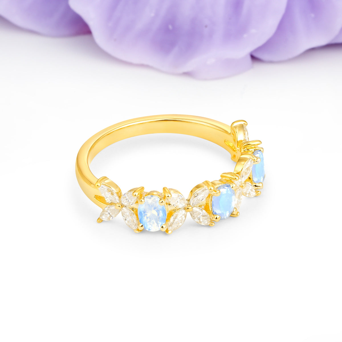 Unique and Luxurious 4 Prong Oval Cut Moonstone Three stones Wedding Ring - Additional view