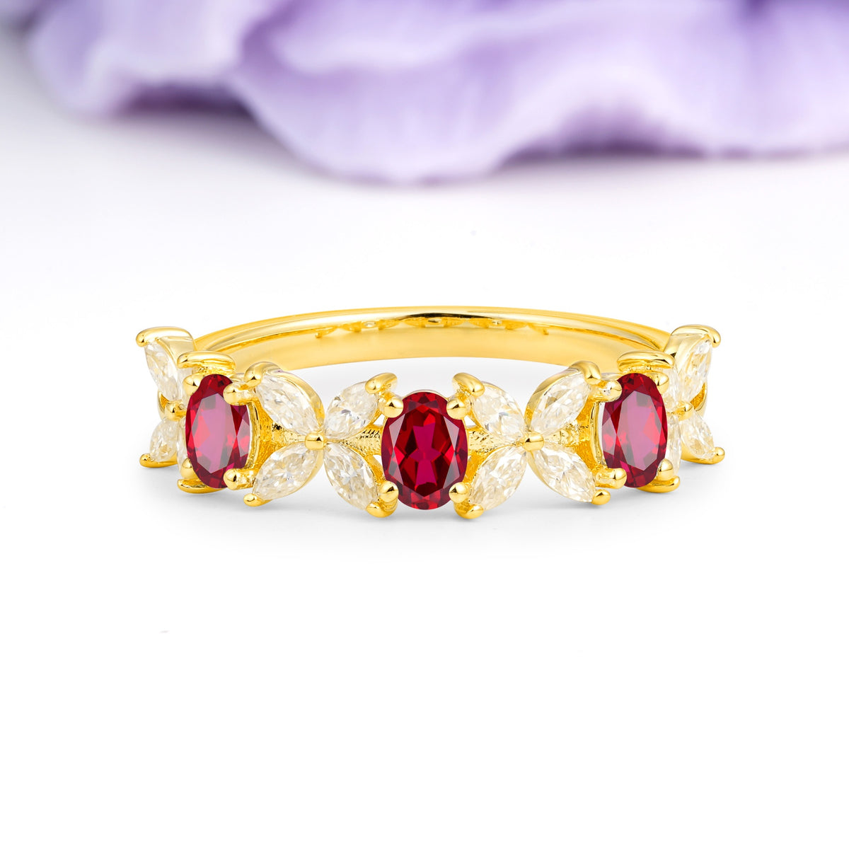 Unique and Luxurious 4 Prong Oval Cut Ruby Three stones Wedding Ring - Additional view