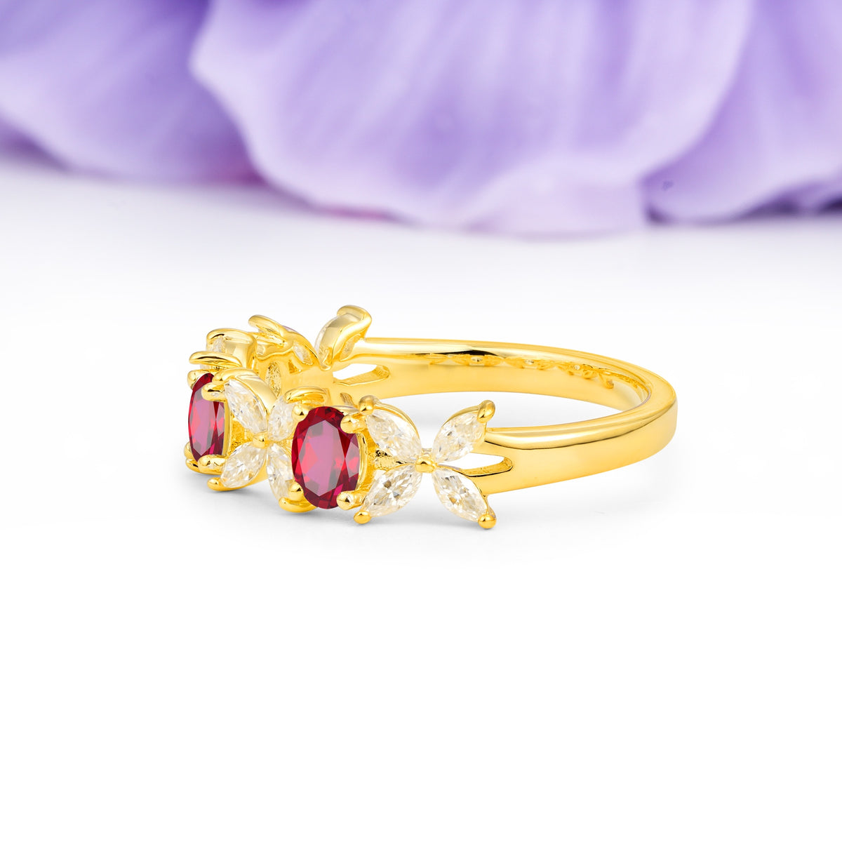 Unique and Luxurious 4 Prong Oval Cut Ruby Three stones Wedding Ring - Additional view