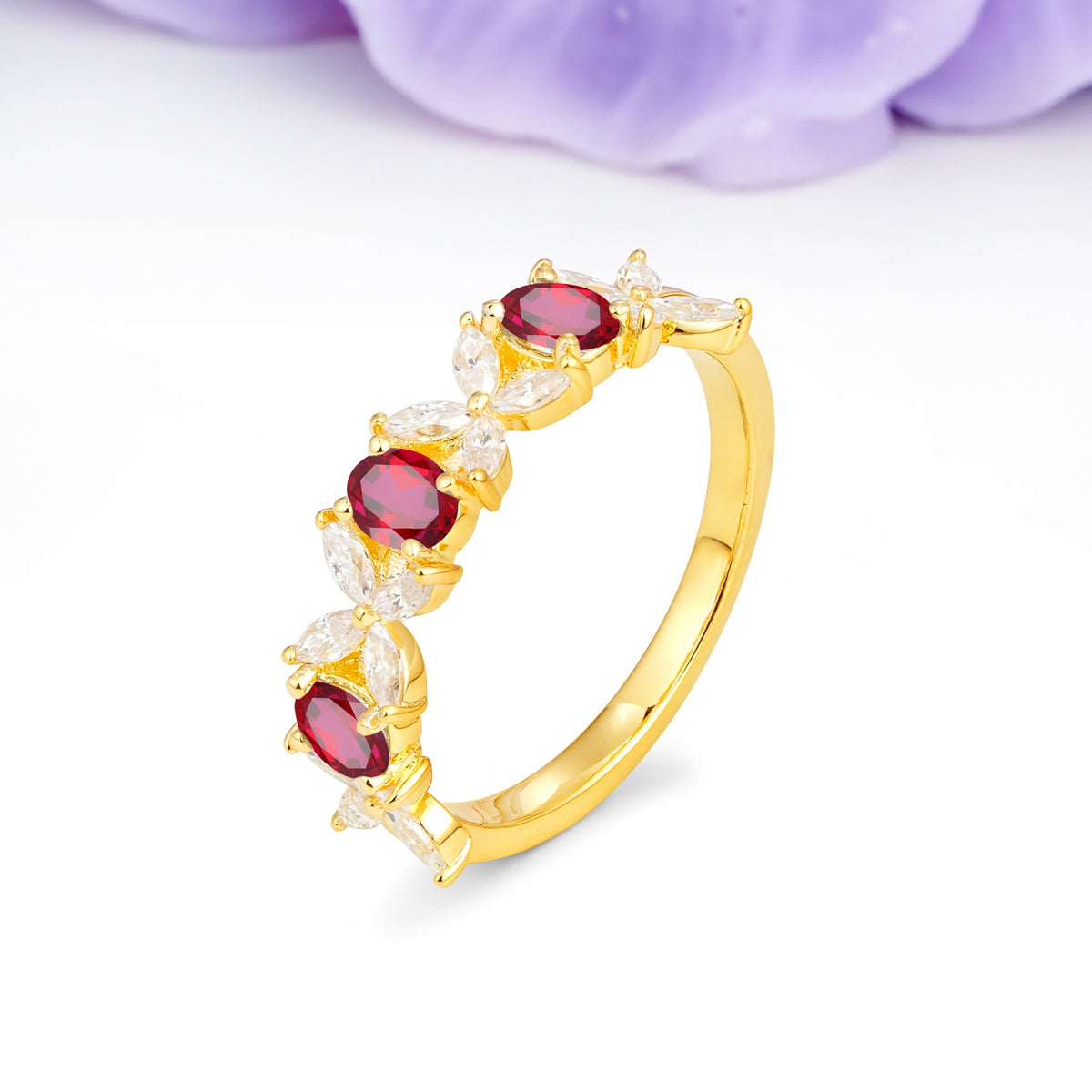 Unique and Luxurious 4 Prong Oval Cut Ruby Three stones Wedding Ring - Additional view