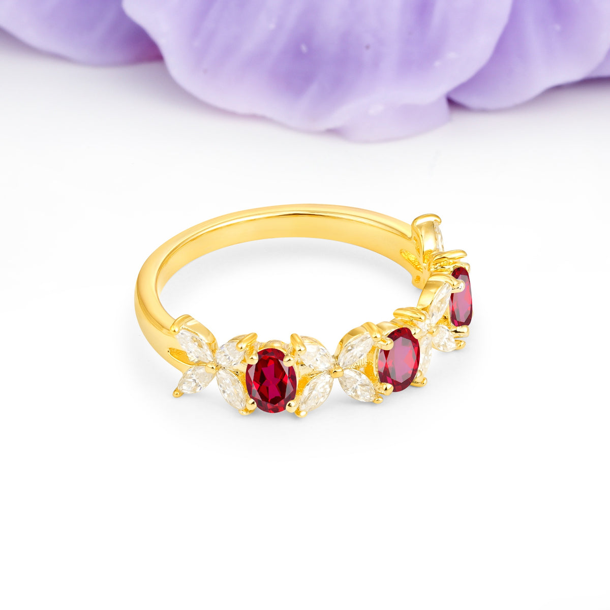 Unique and Luxurious 4 Prong Oval Cut Ruby Three stones Wedding Ring - Additional view