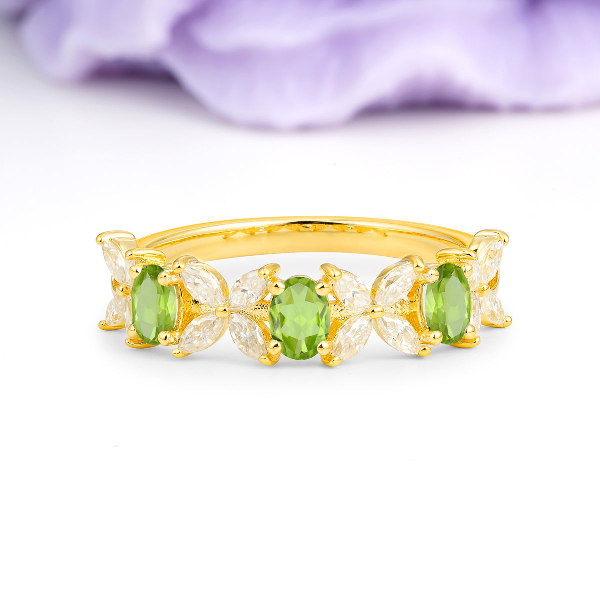 Unique and Luxurious 4 Prong Oval Cut Peridot Three stones Wedding Ring - Additional view