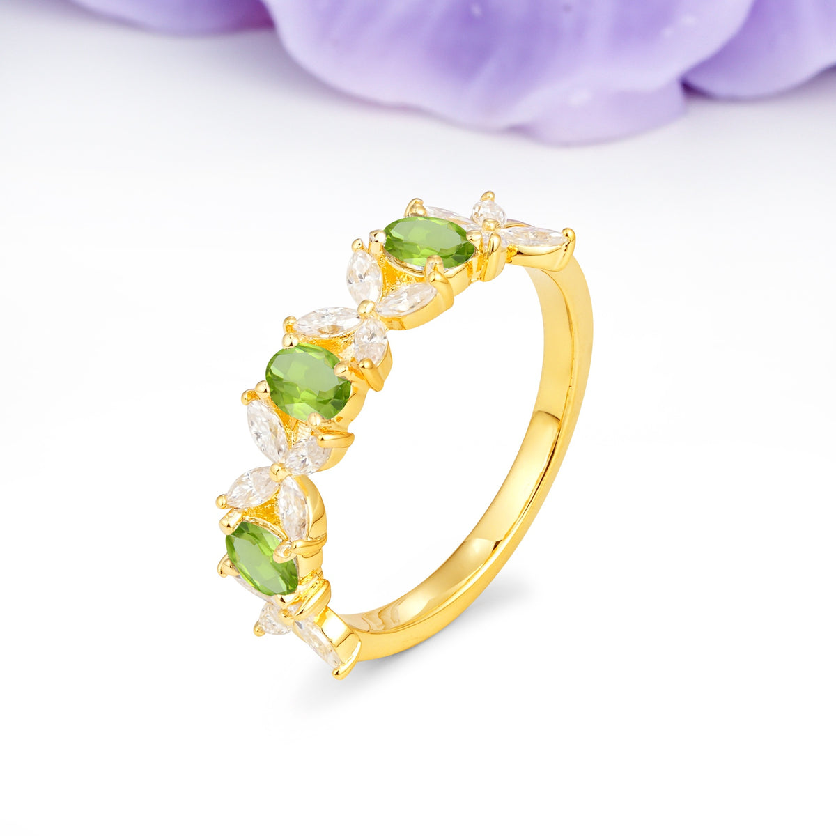 Unique and Luxurious 4 Prong Oval Cut Peridot Three stones Wedding Ring - Additional view