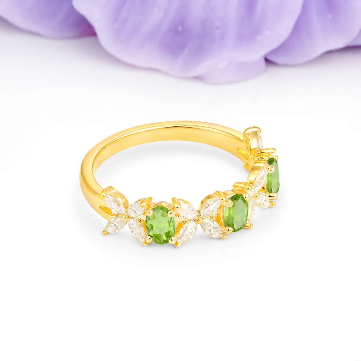 Unique and Luxurious 4 Prong Oval Cut Peridot Three stones Wedding Ring - Additional view