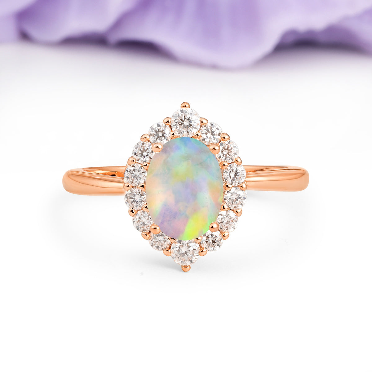 Dainty Plain Polished Band Ball Prong Oval Cut Halo Stackable Fire Opal Engagement Ring - Additional view