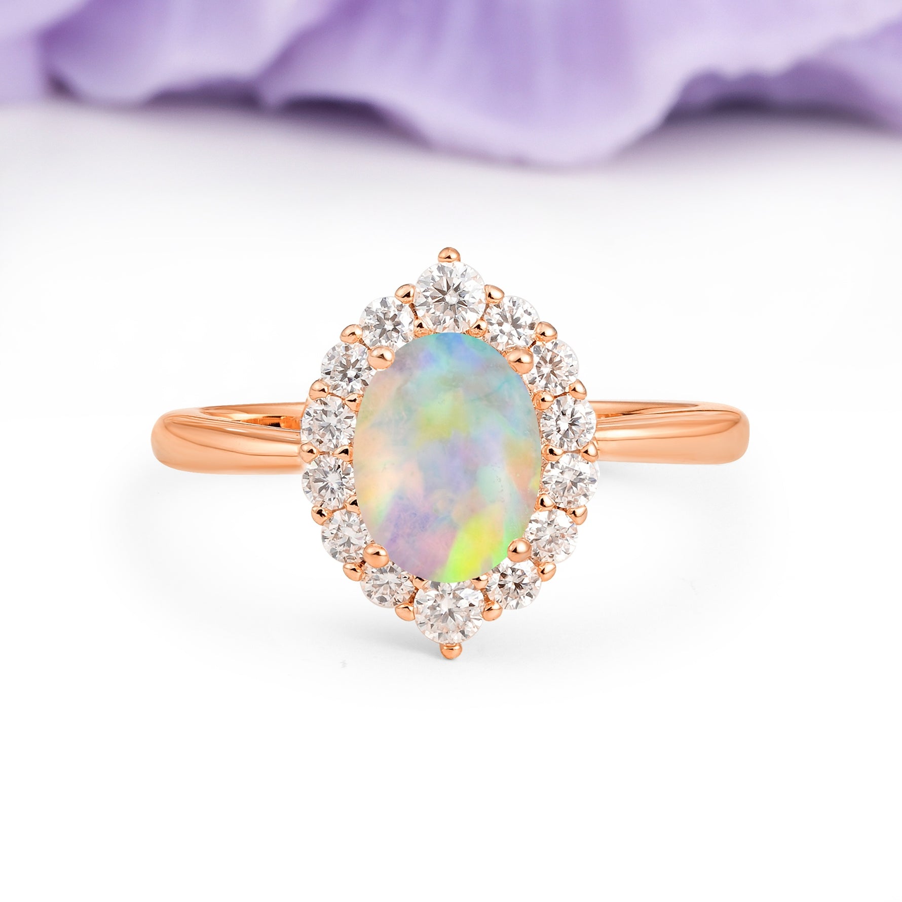 Dainty Plain Polished Band Ball Prong Oval Cut Halo Stackable Fire Opal Engagement Ring - Additional view