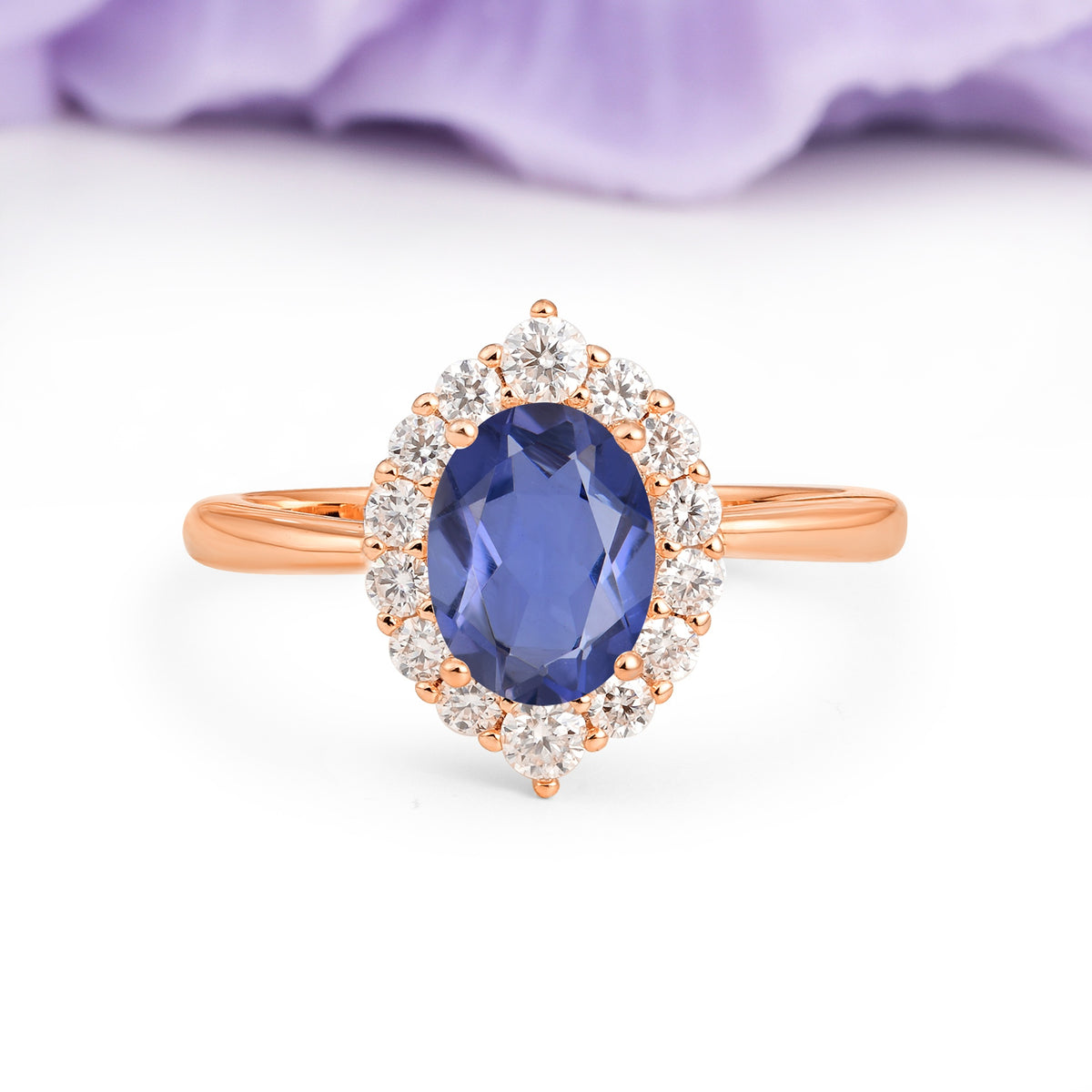 Dainty Plain Polished Band Ball Prong Oval Cut Halo Stackable Tanzanite Engagement Ring - Additional view