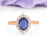 Dainty Plain Polished Band Ball Prong Oval Cut Halo Stackable Tanzanite Engagement Ring - Additional view
