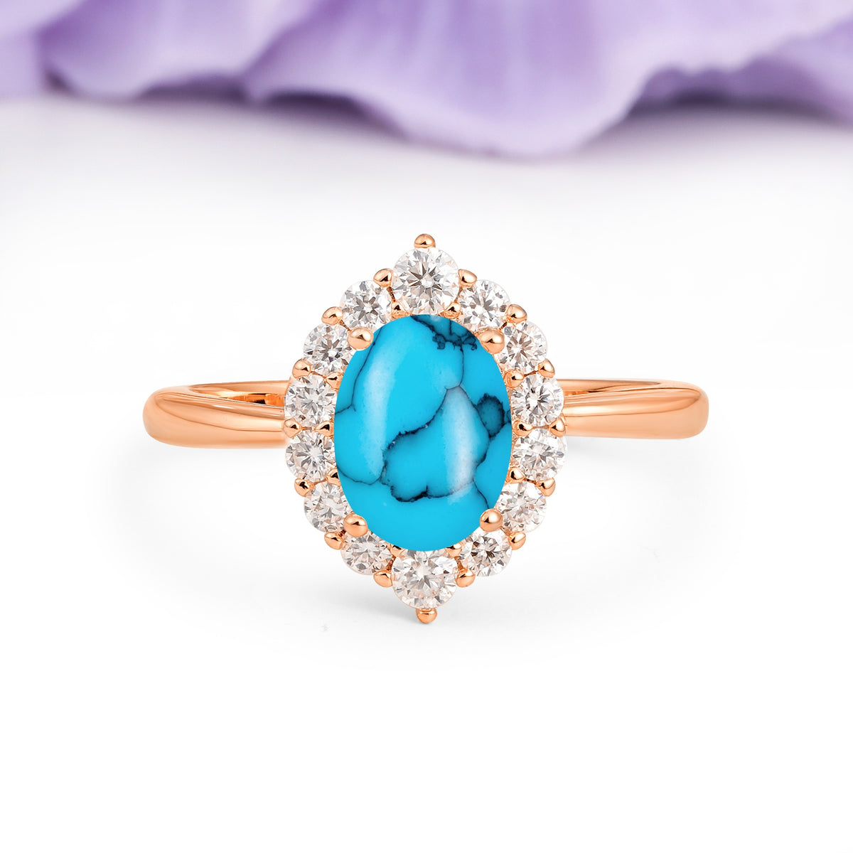 Dainty Plain Polished Band Ball Prong Oval Cut Halo Stackable Turquoise Engagement Ring - Additional view