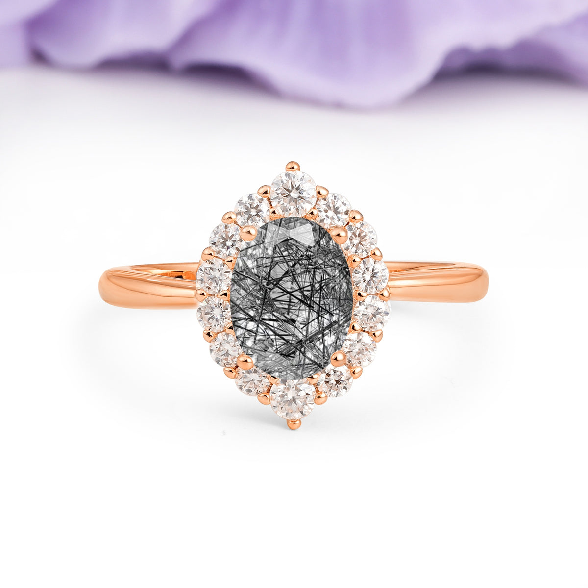 Dainty Plain Polished Band Ball Prong Oval Cut Halo Stackable Black Rutilated Quartz Engagement Ring - Additional view