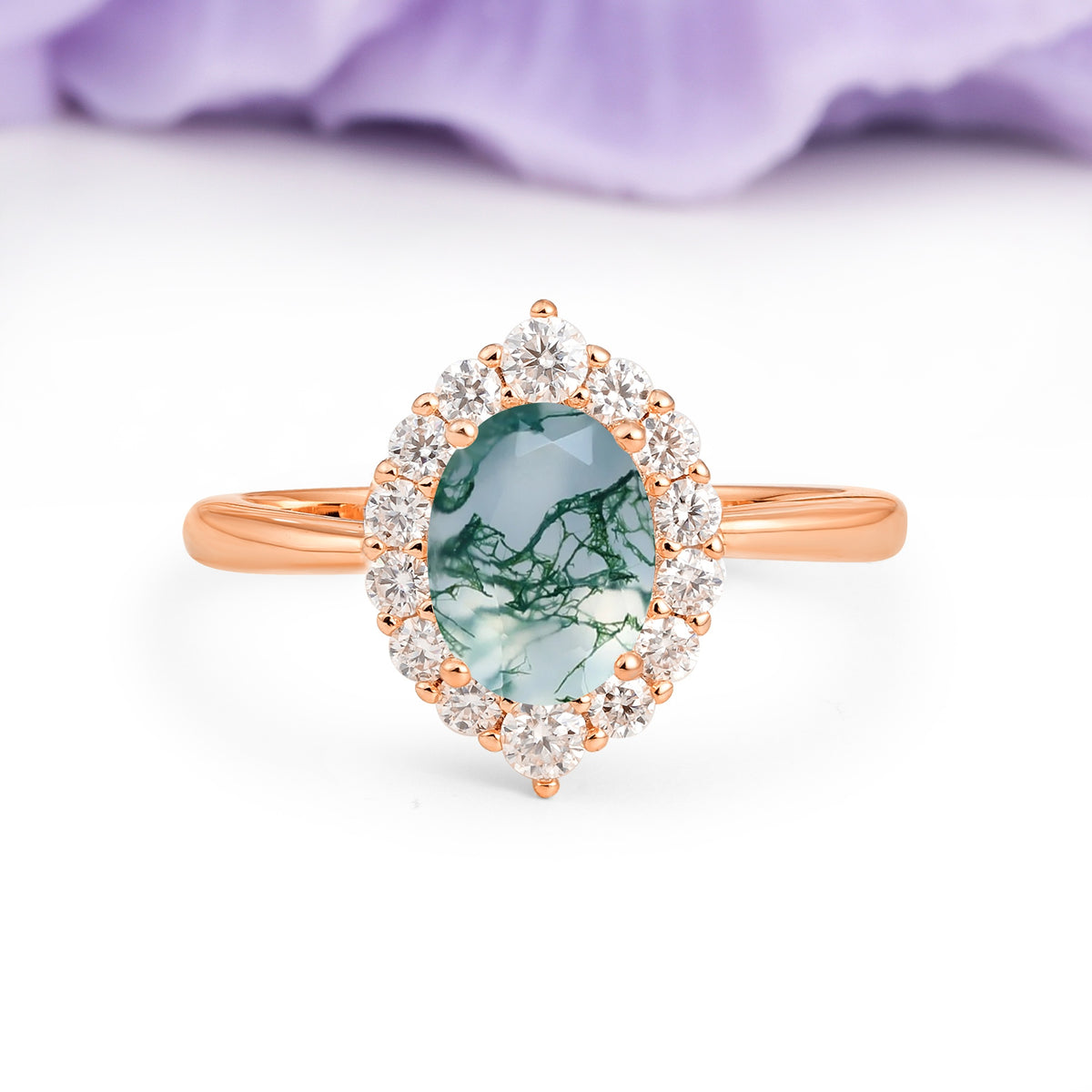 Dainty Plain Polished Band Ball Prong Oval Cut Halo Stackable Moss Agate Engagement Ring - Additional view