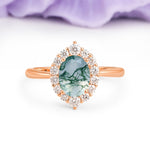 Dainty Plain Polished Band Ball Prong Oval Cut Halo Stackable Moss Agate Engagement Ring - Additional view