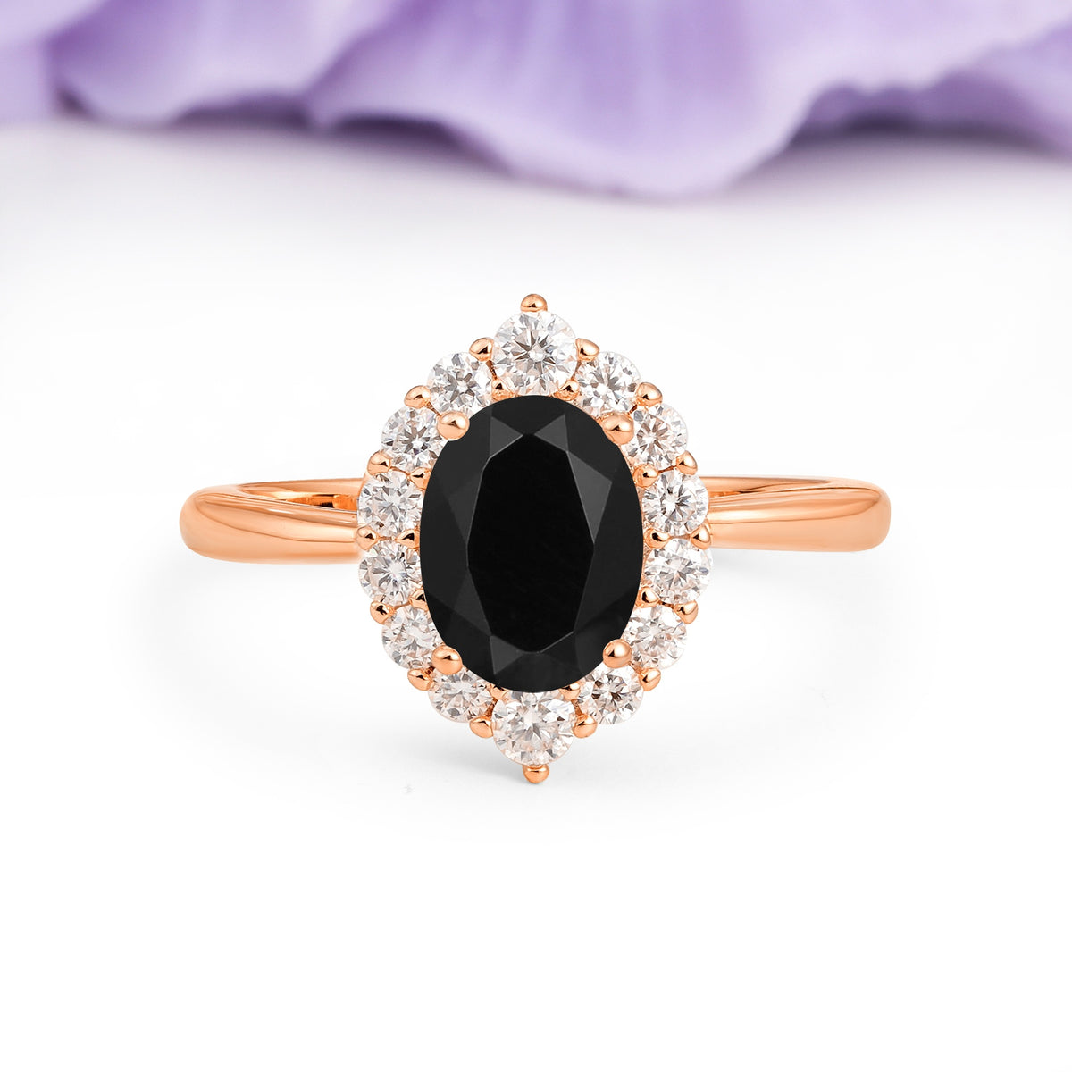 Dainty Plain Polished Band Ball Prong Oval Cut Halo Stackable Black Onyx Engagement Ring - Additional view