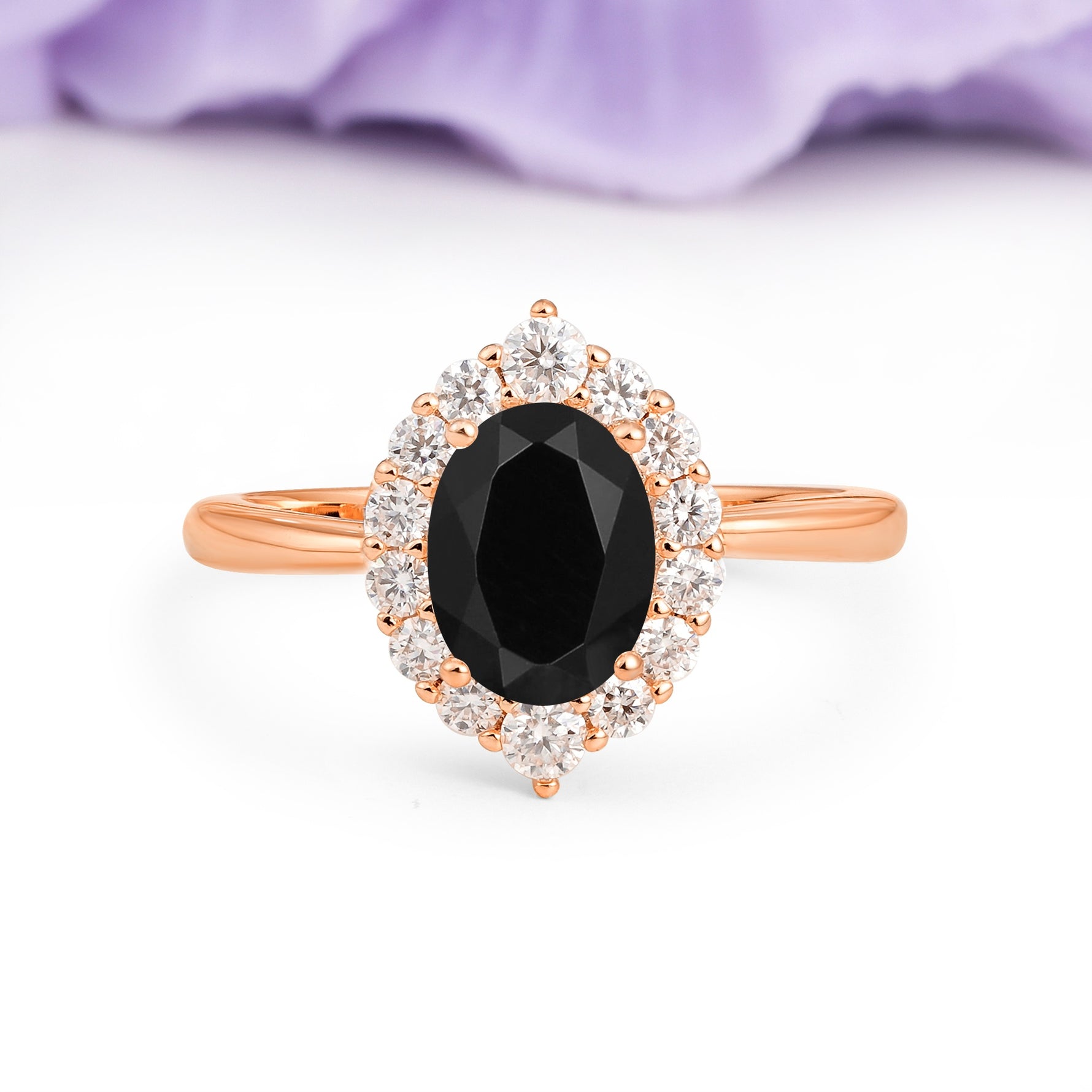 Dainty Plain Polished Band Ball Prong Oval Cut Halo Stackable Black Onyx Engagement Ring - Additional view