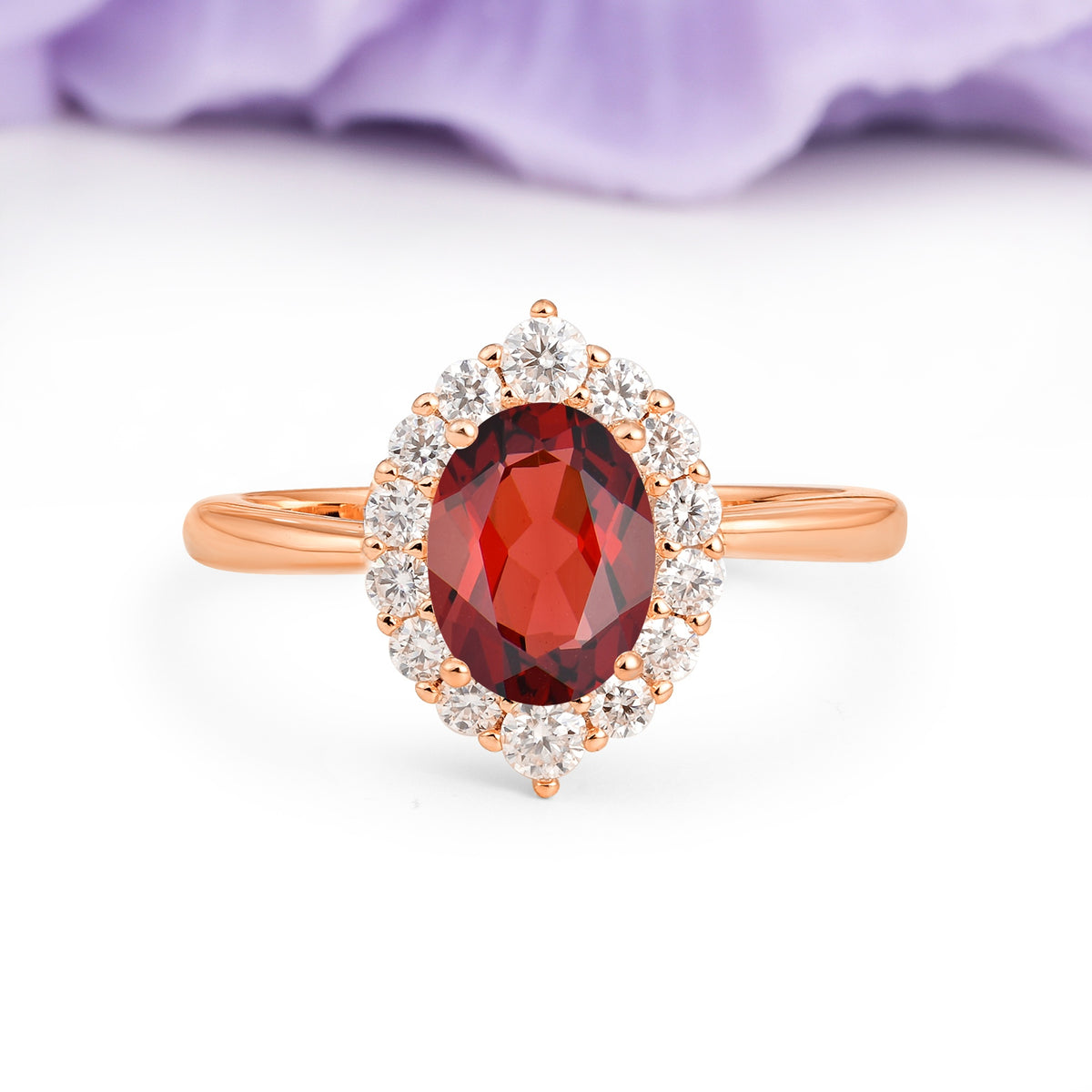 Dainty Plain Polished Band Ball Prong Oval Cut Halo Stackable Garnet Engagement Ring - Additional view