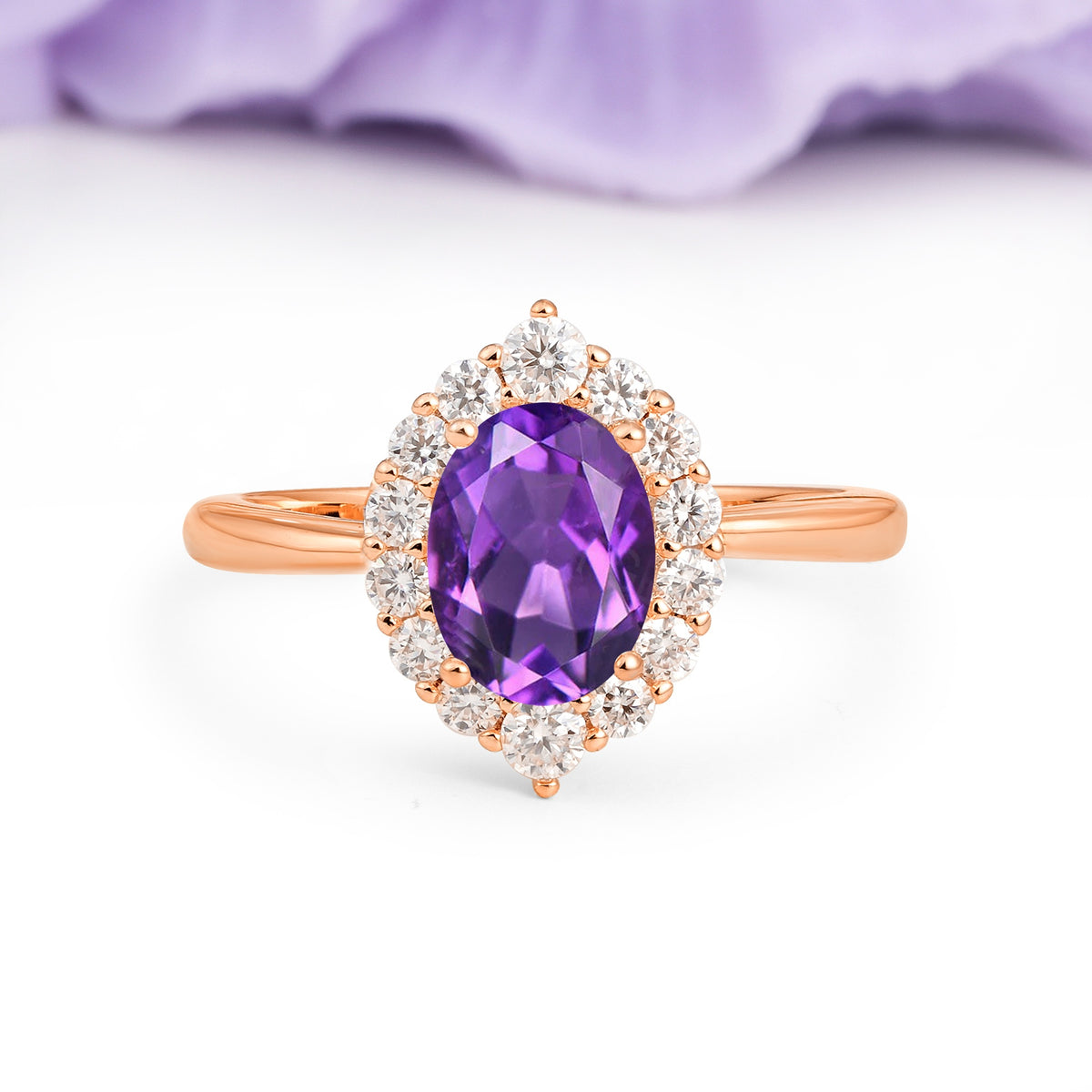 Dainty Plain Polished Band Ball Prong Oval Cut Halo Stackable Amethyst Engagement Ring - Additional view