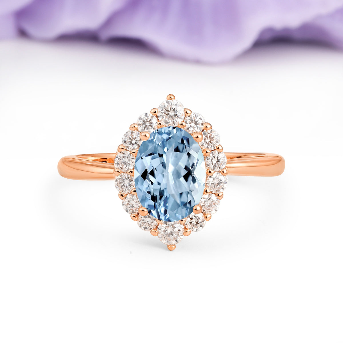 Dainty Plain Polished Band Ball Prong Oval Cut Halo Stackable Aquamarine Engagement Ring - Additional view