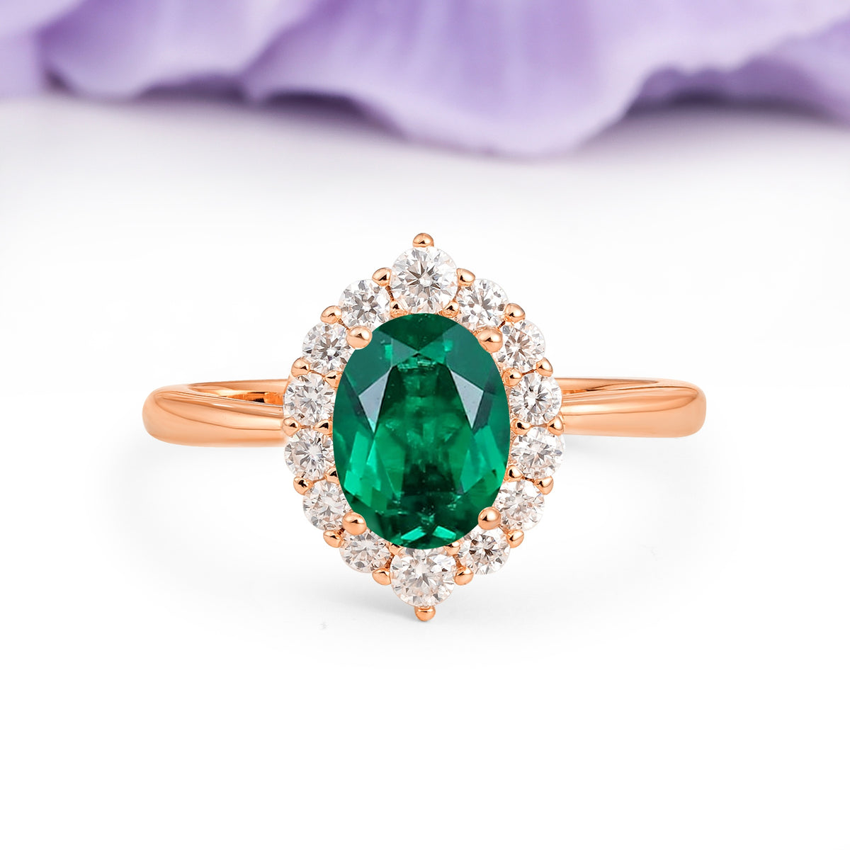 Dainty Plain Polished Band Ball Prong Oval Cut Halo Stackable Emerald Engagement Ring - Additional view