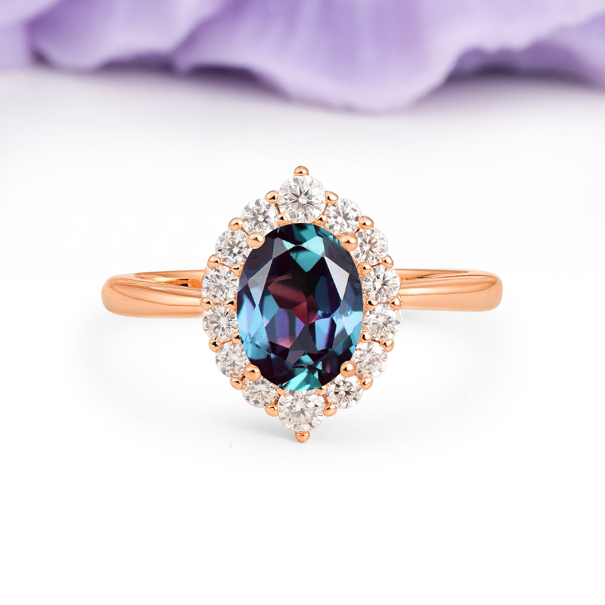 Dainty Plain Polished Band Ball Prong Oval Cut Halo Stackable Alexandrite Engagement Ring - Additional view