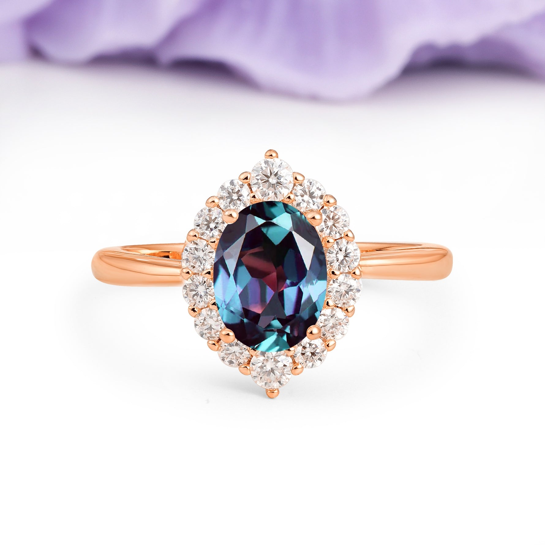 Dainty Plain Polished Band Ball Prong Oval Cut Halo Stackable Alexandrite Engagement Ring - Additional view
