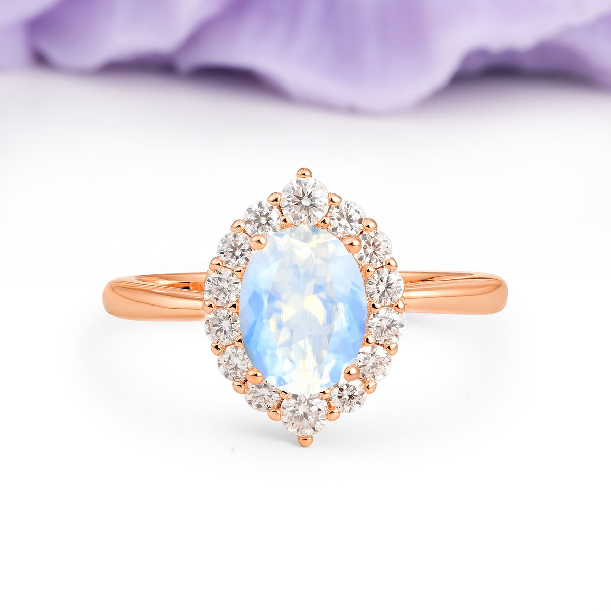 Dainty Plain Polished Band Ball Prong Oval Cut Halo Stackable Moonstone Engagement Ring - Additional view