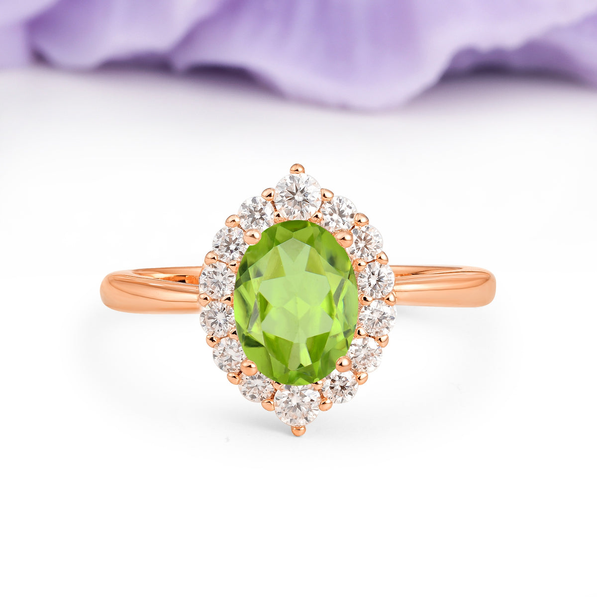 Dainty Plain Polished Band Ball Prong Oval Cut Halo Stackable Peridot Engagement Ring - Additional view