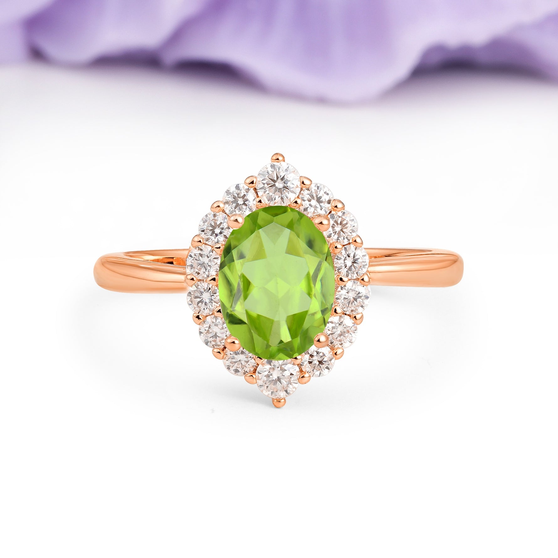 Dainty Plain Polished Band Ball Prong Oval Cut Halo Stackable Peridot Engagement Ring - Additional view