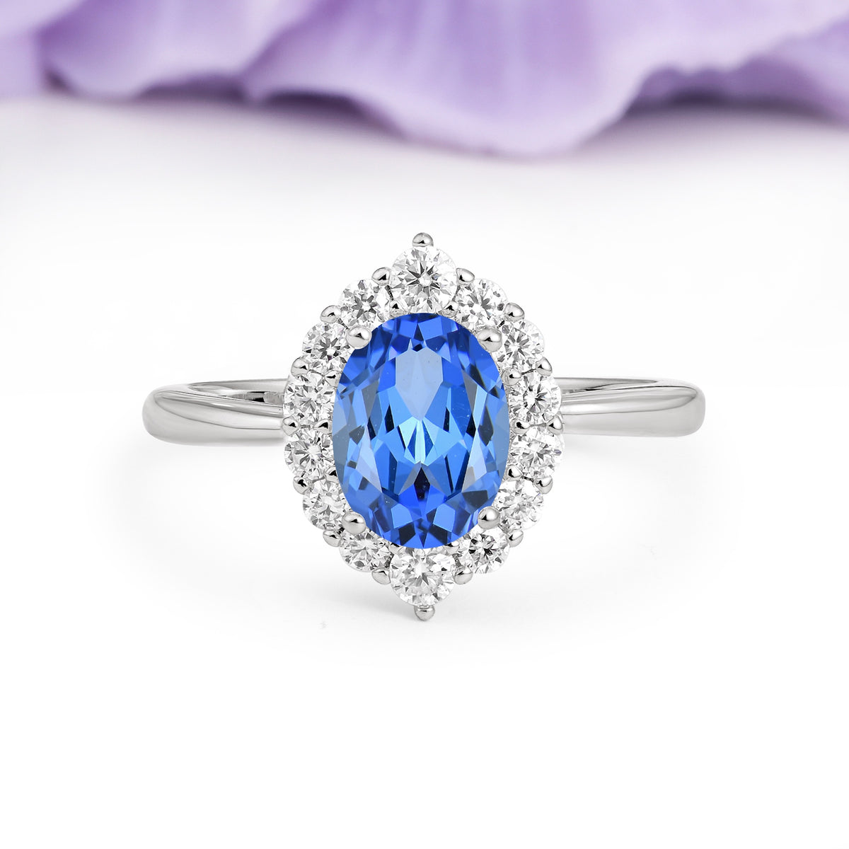 Dainty Plain Polished Band Ball Prong Oval Cut Halo Stackable Sapphire Engagement Ring - Additional view