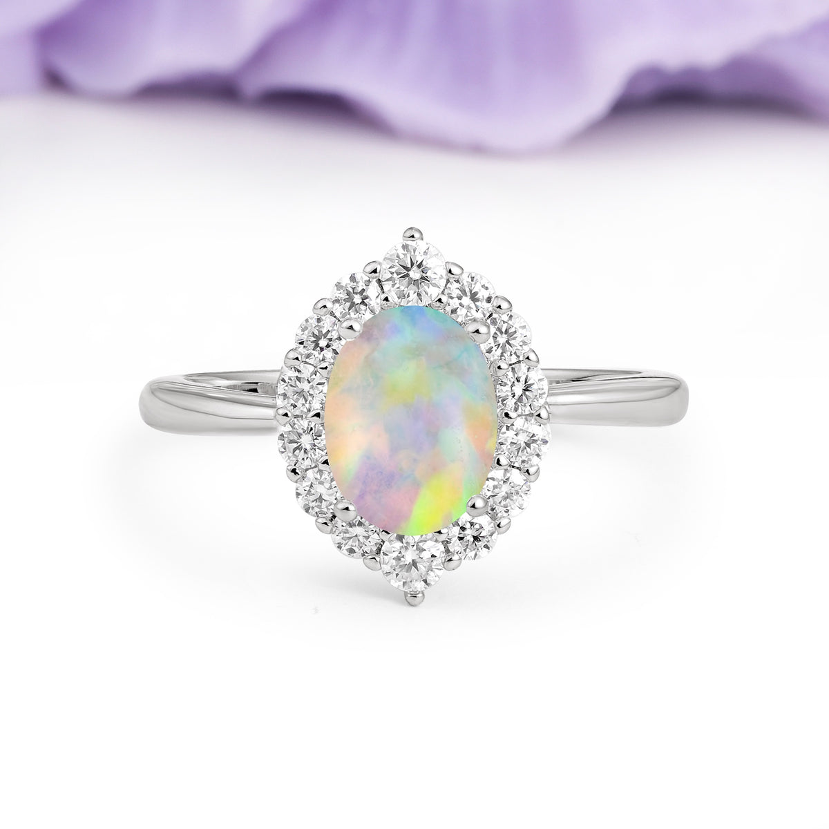 Dainty Plain Polished Band Ball Prong Oval Cut Halo Stackable Fire Opal Engagement Ring - Additional view