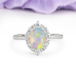 Dainty Plain Polished Band Ball Prong Oval Cut Halo Stackable Fire Opal Engagement Ring - Additional view
