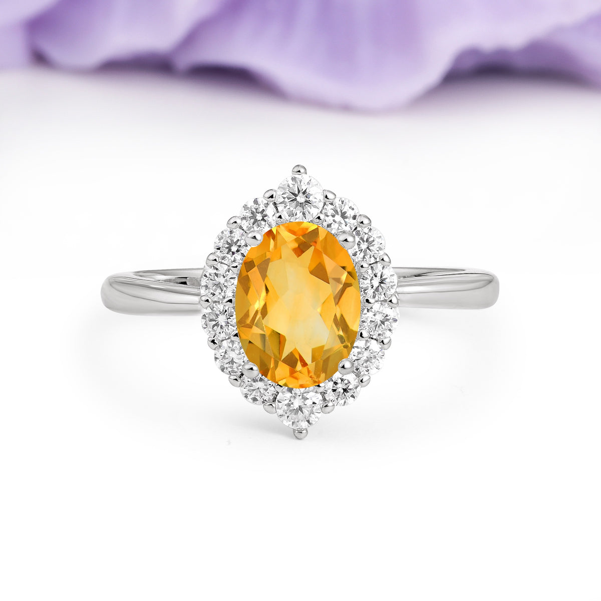 Dainty Plain Polished Band Ball Prong Oval Cut Halo Stackable Citrine Engagement Ring - Additional view