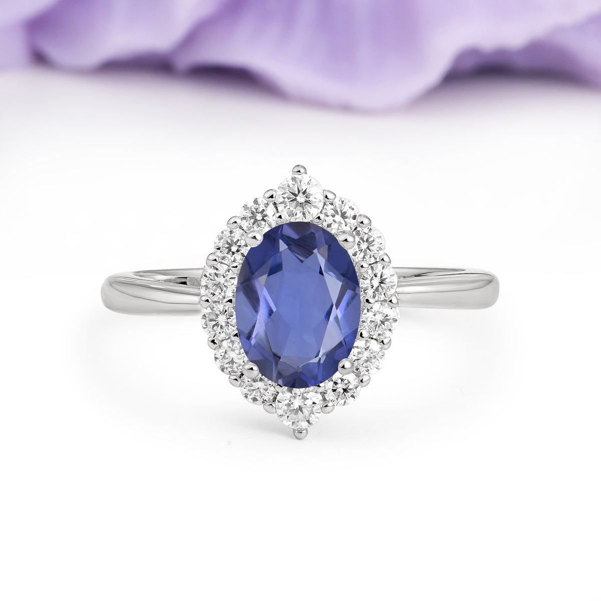 Dainty Plain Polished Band Ball Prong Oval Cut Halo Stackable Tanzanite Engagement Ring - Additional view