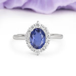 Dainty Plain Polished Band Ball Prong Oval Cut Halo Stackable Tanzanite Engagement Ring - Additional view