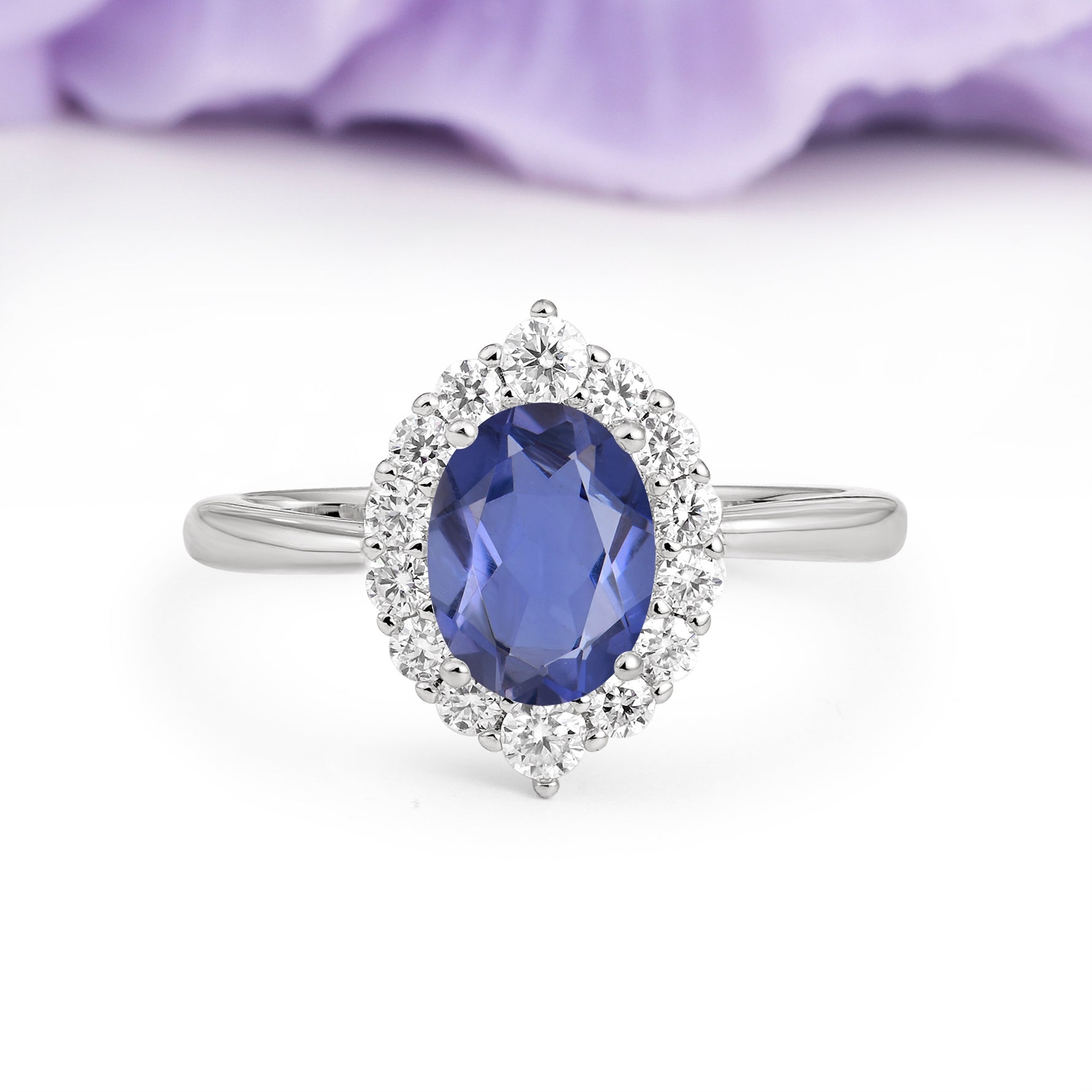 Dainty Plain Polished Band Ball Prong Oval Cut Halo Stackable Tanzanite Engagement Ring - Additional view