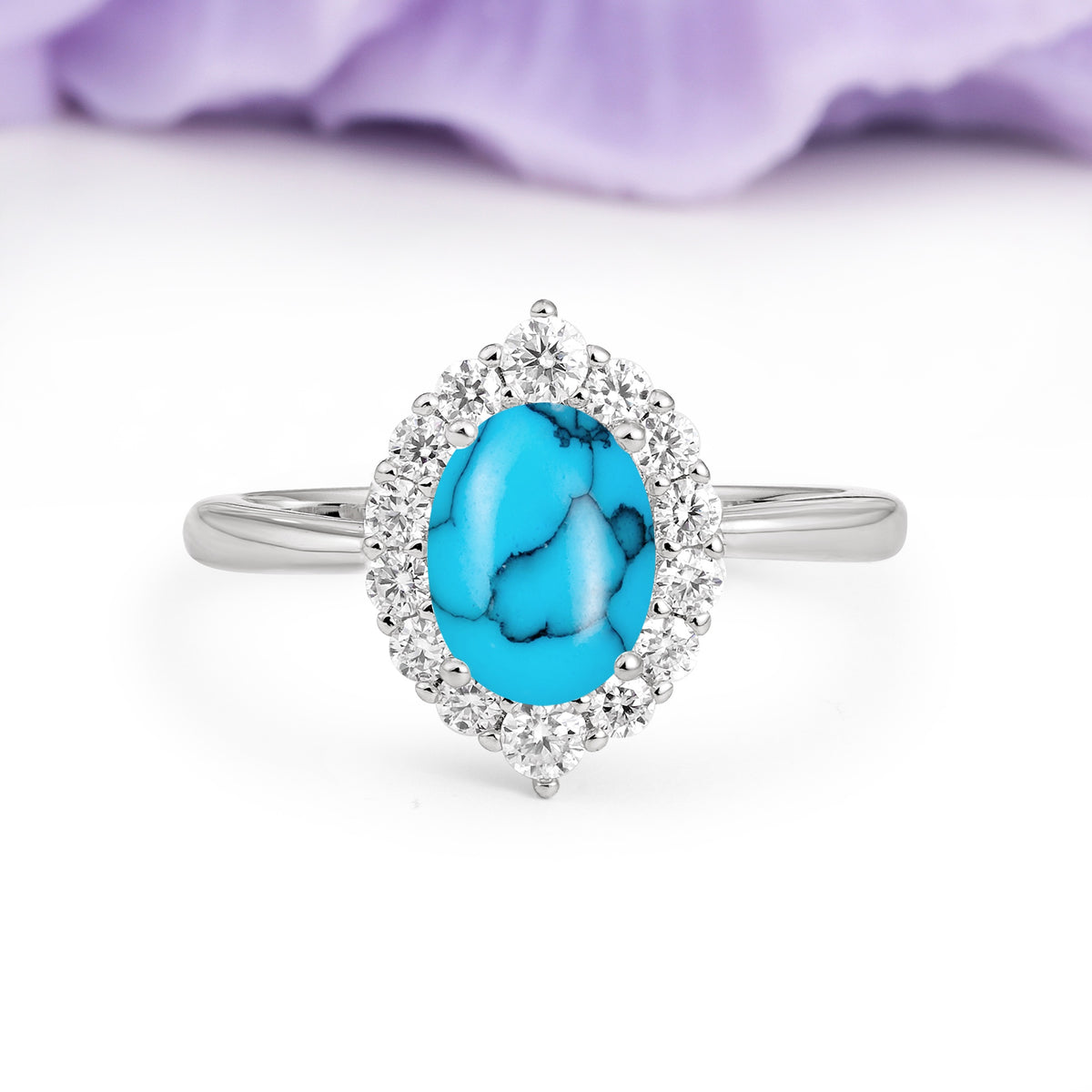 Dainty Plain Polished Band Ball Prong Oval Cut Halo Stackable Turquoise Engagement Ring - Additional view