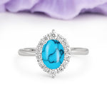 Dainty Plain Polished Band Ball Prong Oval Cut Halo Stackable Turquoise Engagement Ring - Additional view