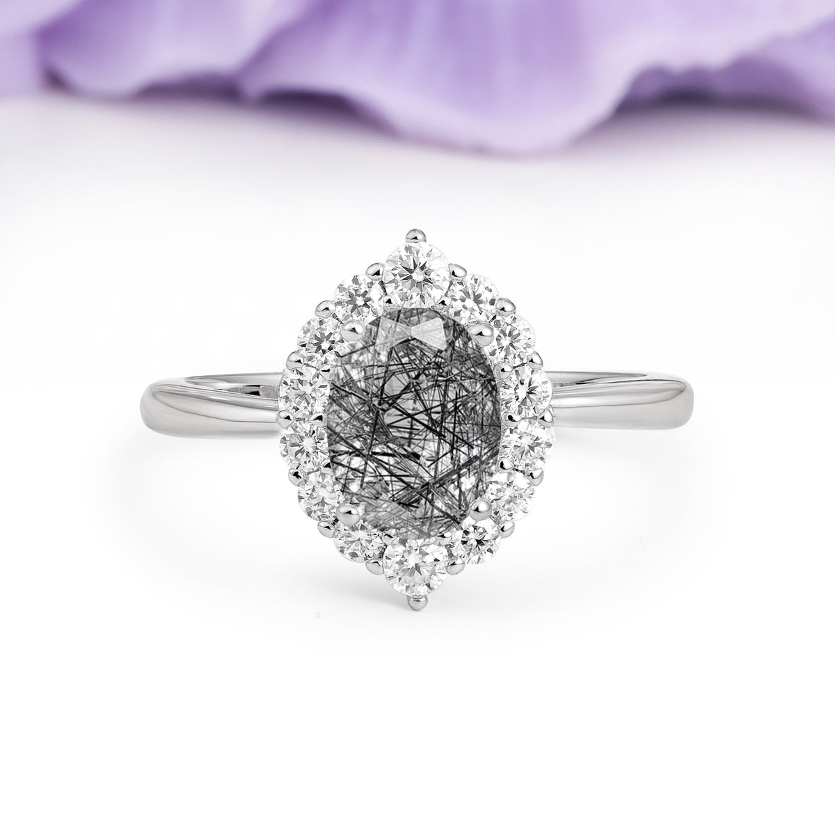 Dainty Plain Polished Band Ball Prong Oval Cut Halo Stackable Black Rutilated Quartz Engagement Ring - Additional view