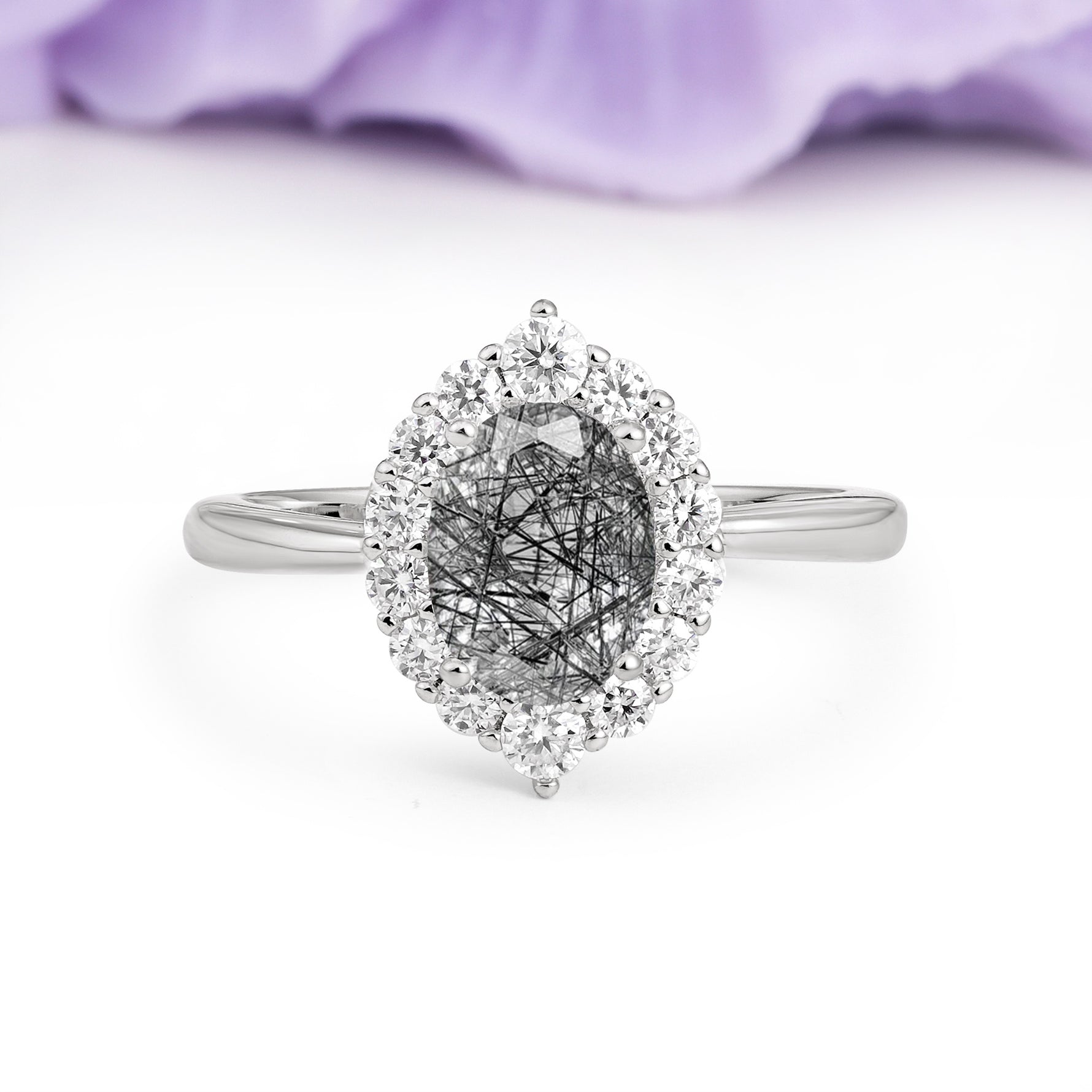 Dainty Plain Polished Band Ball Prong Oval Cut Halo Stackable Black Rutilated Quartz Engagement Ring - Additional view