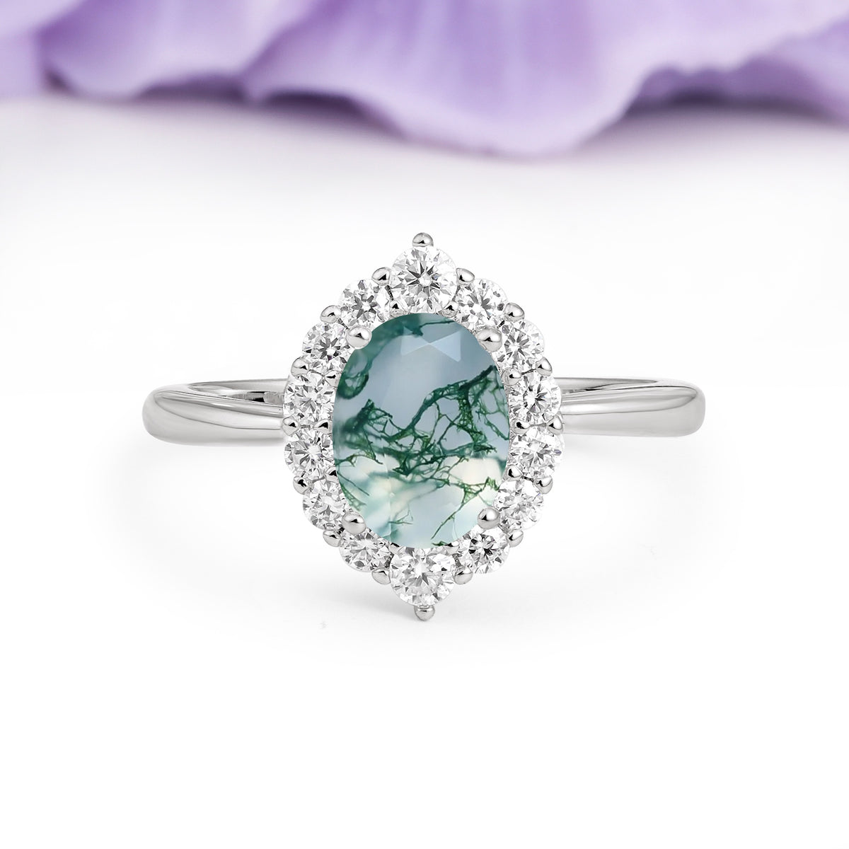Dainty Plain Polished Band Ball Prong Oval Cut Halo Stackable Moss Agate Engagement Ring - Additional view