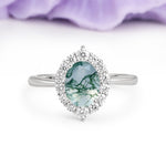 Dainty Plain Polished Band Ball Prong Oval Cut Halo Stackable Moss Agate Engagement Ring - Additional view